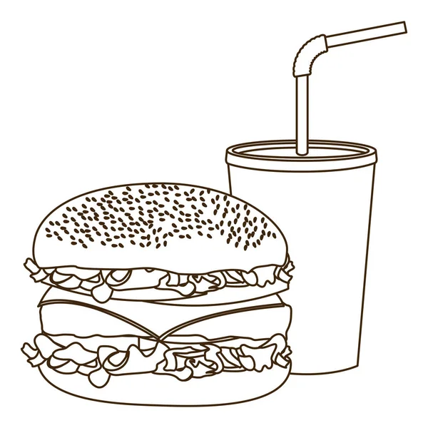 Monochromatyczne kontur sody ze słomy i burger — Wektor stockowy