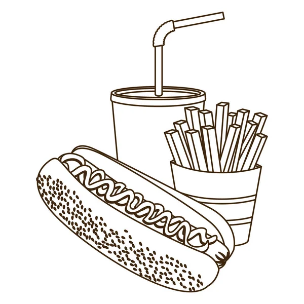Monokrom kontur hot dog dengan kentang goreng dan soda - Stok Vektor