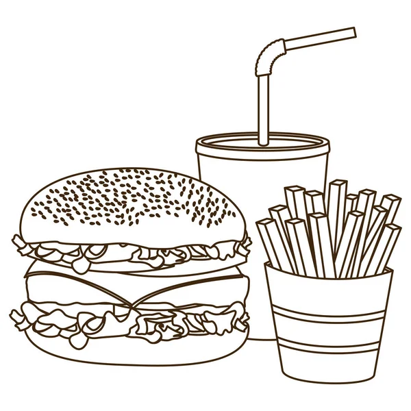 Contour monochrome de hamburger avec frites et soda — Image vectorielle