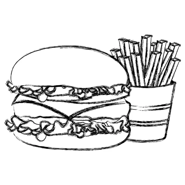 Boceto monocromo con hamburguesa y papas fritas — Vector de stock