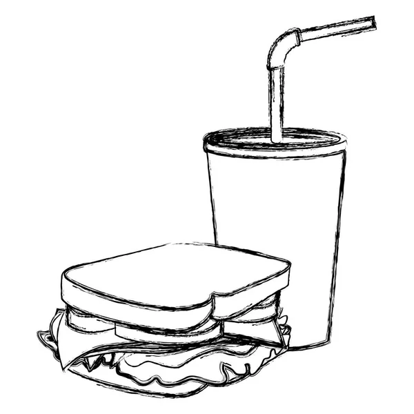 Croquis monochrome de soda avec paille et sandwich — Image vectorielle