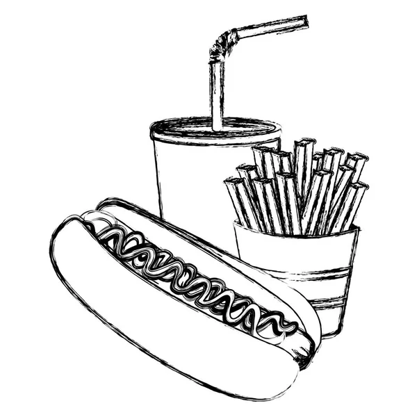 Černobílý nákres hot dog s hranolky a soda — Stockový vektor