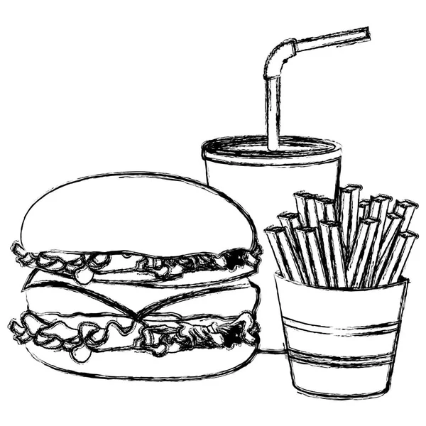 Sketsa monokrom burger dengan kentang goreng dan soda - Stok Vektor