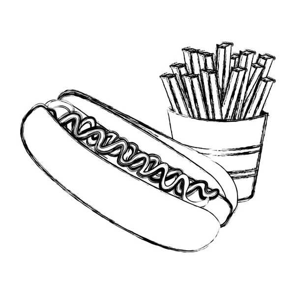 Monochromer Sketch mit Hot Dog und Pommes — Stockvektor