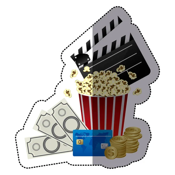 Цвет наклейки с чашкой попкорна с билетами в кино и доской для хлопка — стоковый вектор