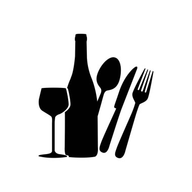 siyah şarap şişe, cam ve çatal bıçak takımı simgesi