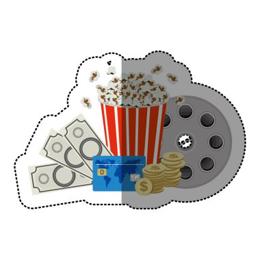 patlamış mısır kupa ve para ve sinema bileti ve film kaseti ile renkli etiket
