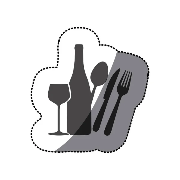 Szürkeárnyalatos bor, palack, pohár és evőeszköz ikon — Stock Vector