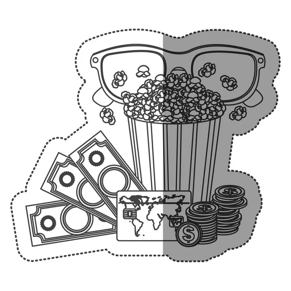 Монохромна контурна наклейка з попкорн чашкою та окулярами 3D та грошовими та кіно квитками — стоковий вектор