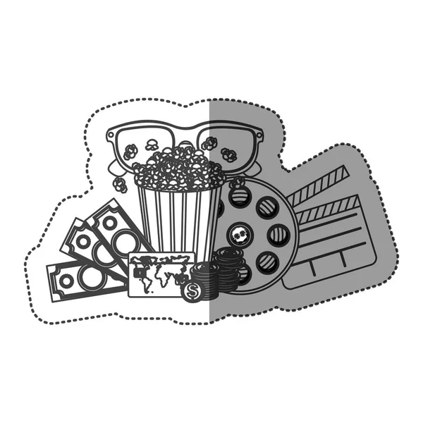 Monochromer Konturaufkleber mit Popcornbecher und Gläsern 3D und Geld und Kinokarten und Filmband und Klappbrett — Stockvektor