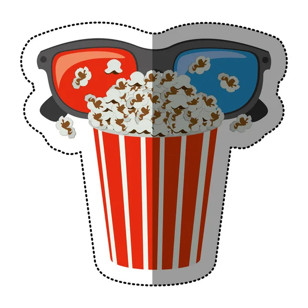 Färgglada klistermärke med popcorn cup och glasögon 3d — Stock vektor