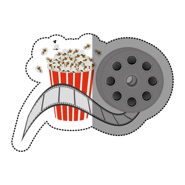 Bunter Aufkleber mit Kinokassette und Popcorn — Stockvektor
