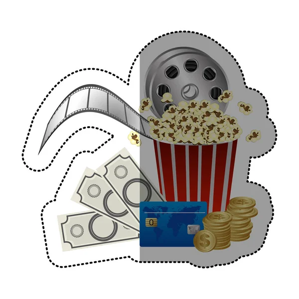Красочная наклейка с кубком попкорна, деньгами, билетами в кино и кинолентой — стоковый вектор