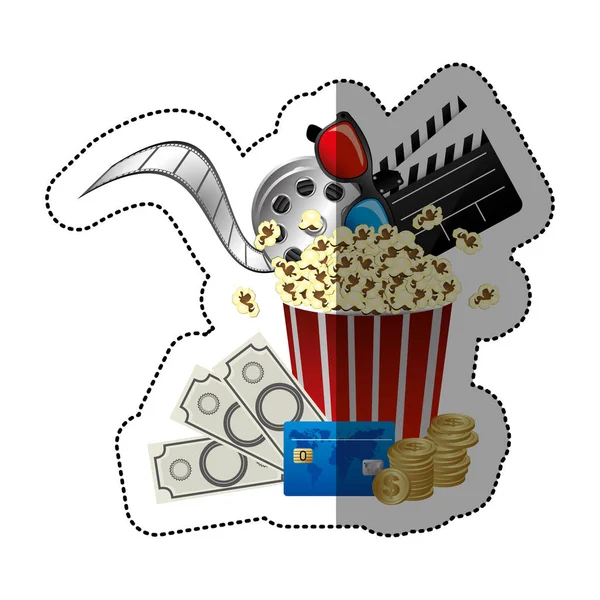 Adesivo colorato con tazza di popcorn con occhiali 3D e clapper board e biglietti di denaro e film di fronte — Vettoriale Stock