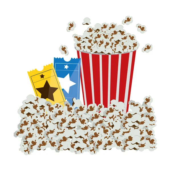 Цвет фона с попкорн контейнер и билеты в кино — стоковый вектор