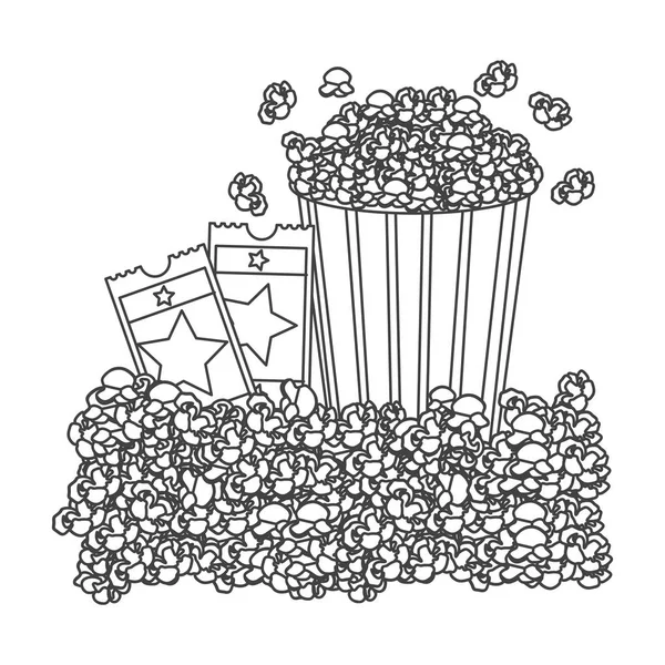 Graustufenkontur mit Popcorn-Behälter und Kinokarten — Stockvektor