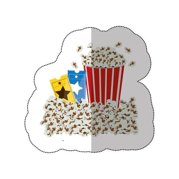 Farbiger Hintergrund-Aufkleber mit Popcorn-Behälter und Kinokarten — Stockvektor