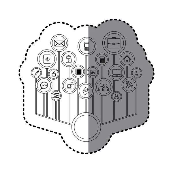 Pegatina a escala de grises con la red de iconos de tecnología — Vector de stock