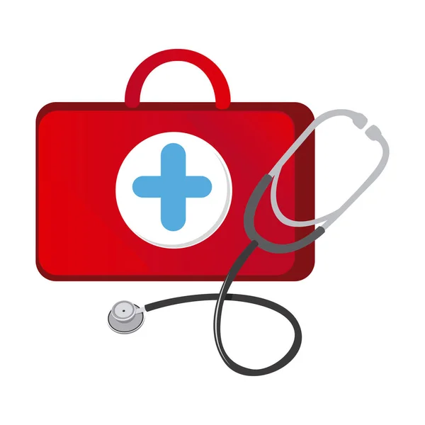 Red suitcase health with stethoscope icon — Stock Vector