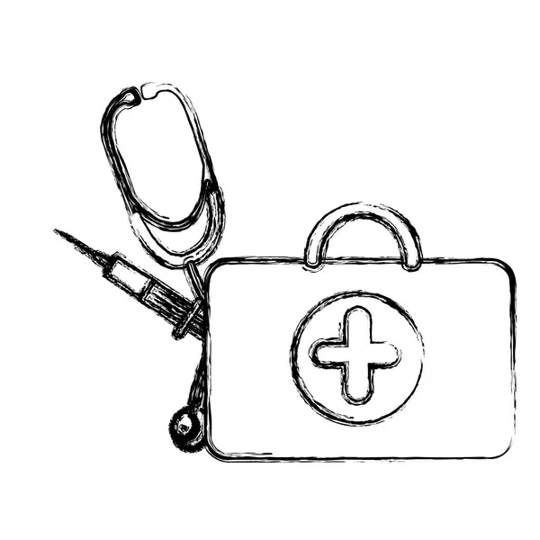 Salud de la maleta de perfil con estetoscopio y jeringa — Vector de stock