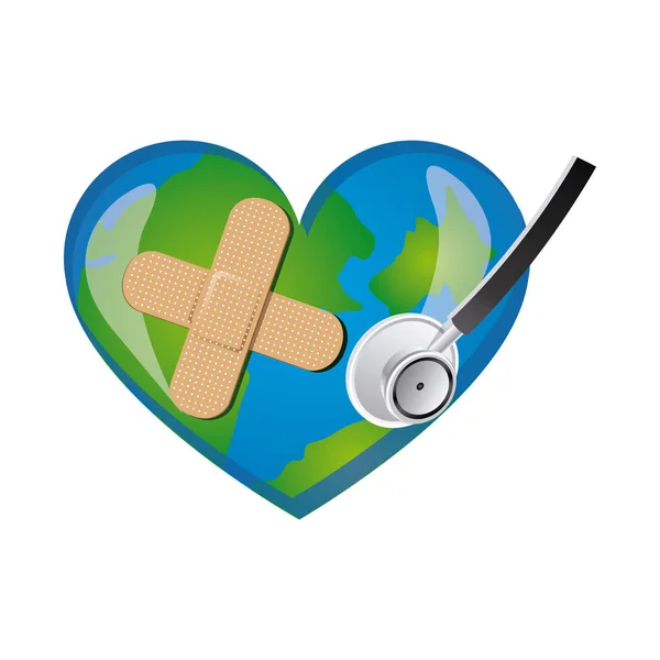 Сердце планеты Земля со стетоскопом и значком помощи ленты — стоковый вектор