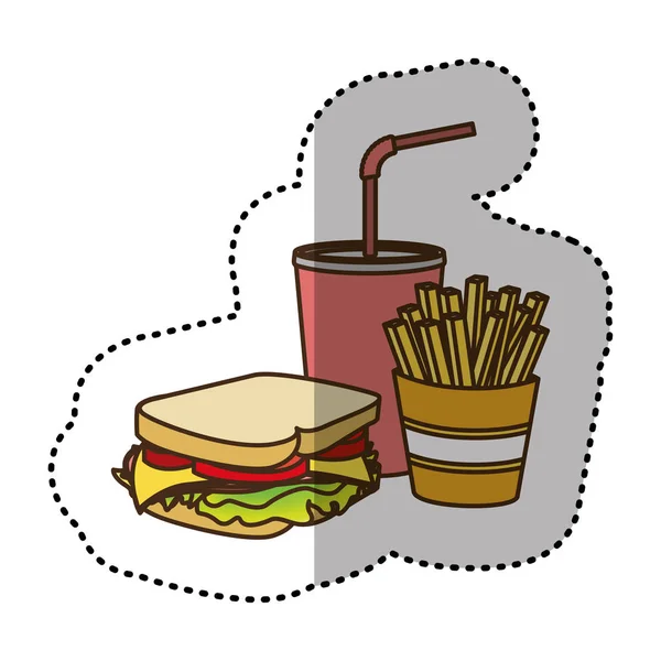 Sándwich de color, refrescos y papas fritas icono francés — Vector de stock