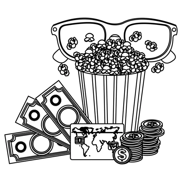 Popcorn, 3D-Brille und Geld, Kreditkartensymbol — Stockvektor