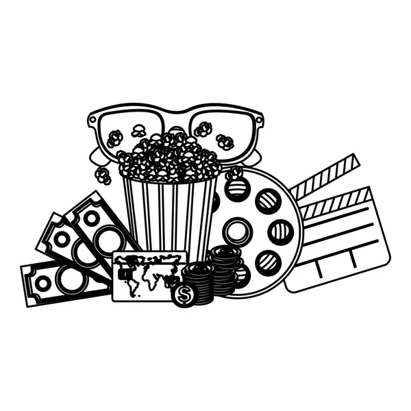 Popcorn, 3D-Brillen, Klappbrett und Geld — Stockvektor