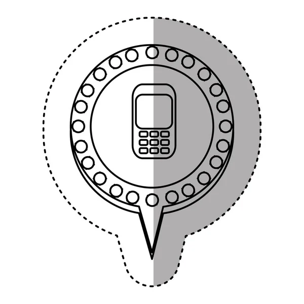 Monochromer Aufkleber mit Handy in runder Sprache mit gepunkteter Kontur und Schweif — Stockvektor