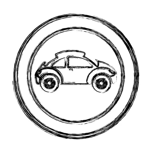 Sketsa monokrom dari bingkai melingkar dengan mobil sport dalam tampilan samping - Stok Vektor