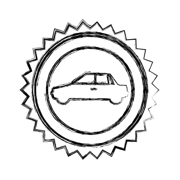 Monokrom skiss av cirkulär tätning med bil i sidovy — Stock vektor