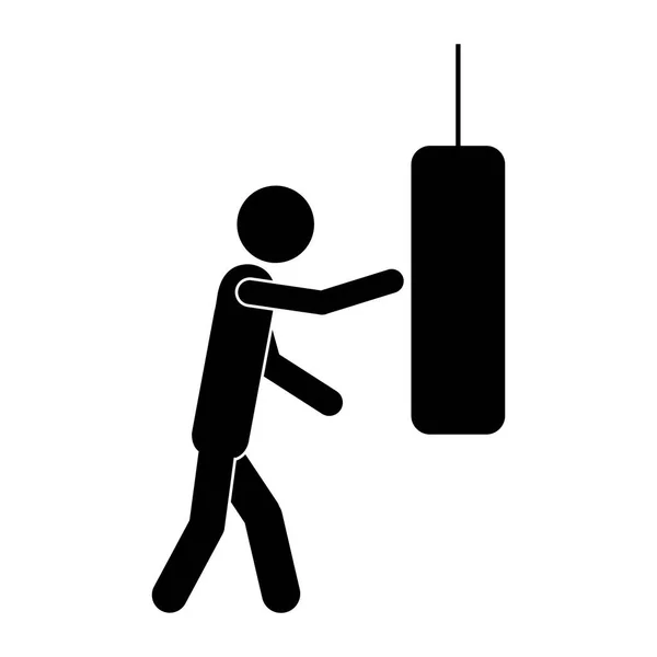 Monochromatický piktogram s mužem klepání boxovací pytel — Stockový vektor