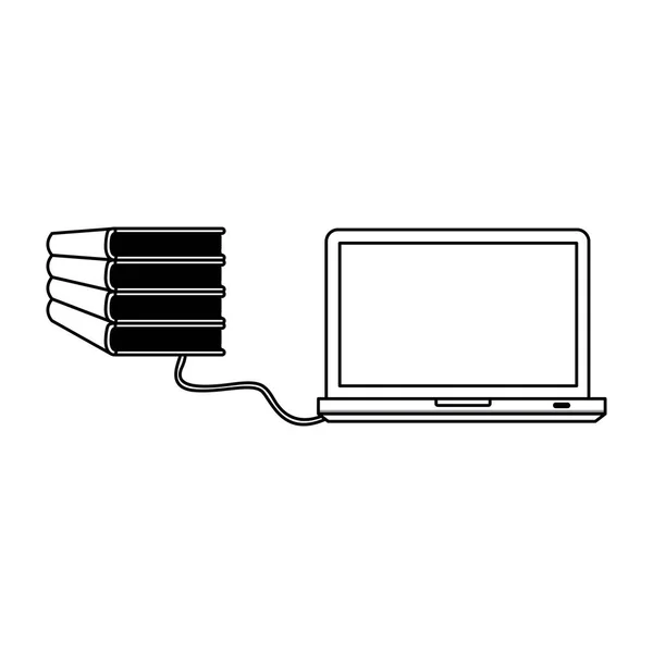 Libros de pila conjunto de silueta conectados a la computadora portátil — Vector de stock