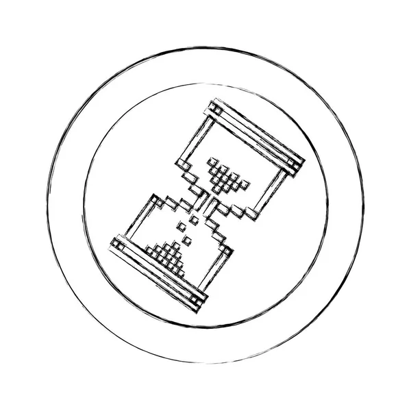 Silueta borrosa marco circular con reloj de arena píxel — Archivo Imágenes Vectoriales