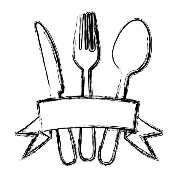 Siluet çatal bıçak takımı mutfak öğeleri kurdele ile bulanık — Stok Vektör