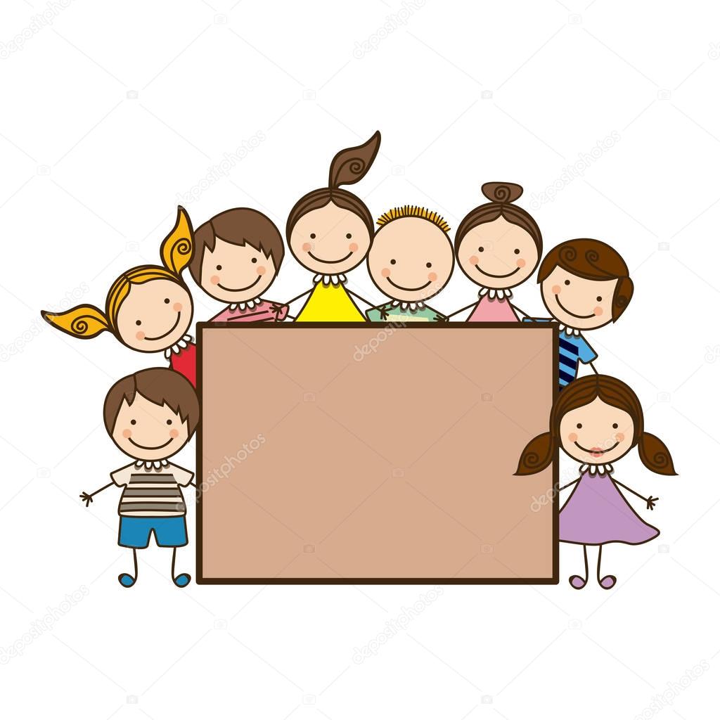 colorful group cartoon children with board frame