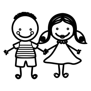 saç ve saç pigtails kızla bir kroki siluet çift çocuk
