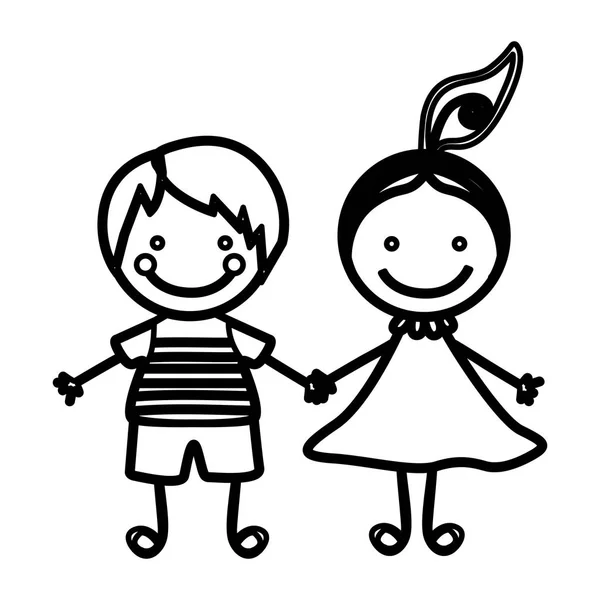 Croquis silhouette couple garçon et fille avec queue de cheveux — Image vectorielle