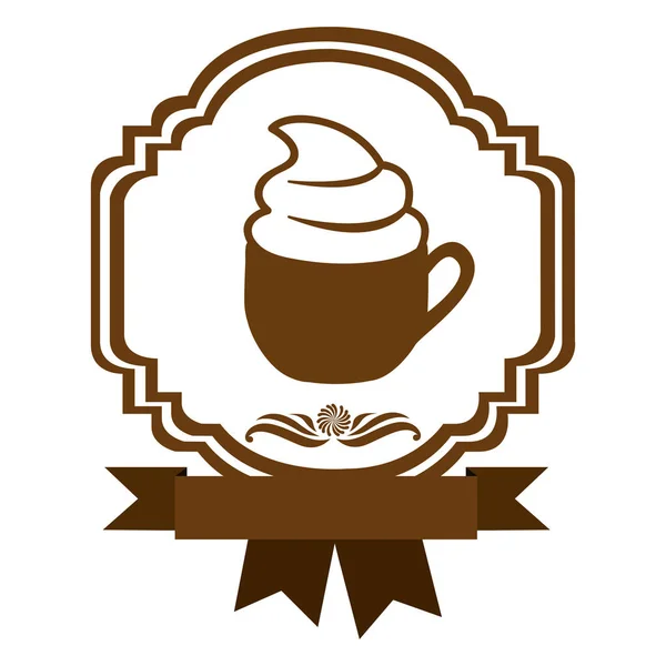 Fita decorativa heráldica borda marrom com xícara de cappuccino com creme —  Vetores de Stock