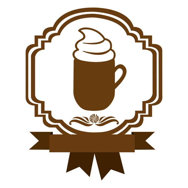 Borde marrón cinta decorativa heráldica con taza de capuchino con crema — Vector de stock