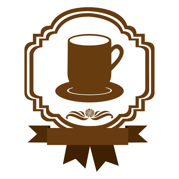 大きなマグカップと皿磁器と茶色ボーダー紋章の装飾的なリボン — ストックベクタ