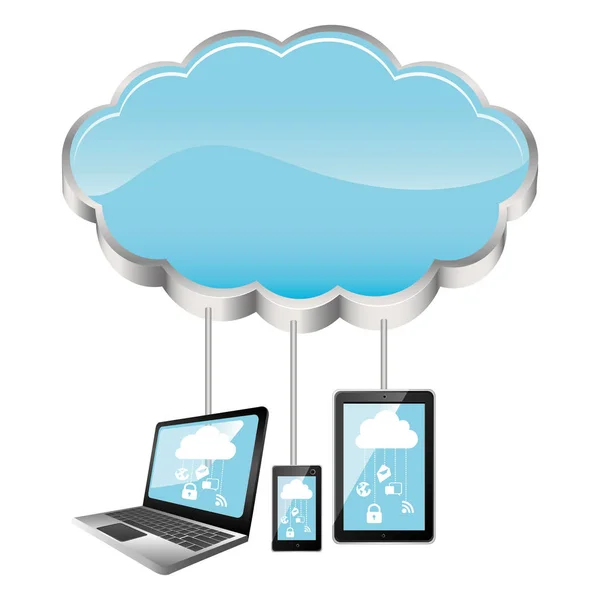 Almacenamiento en la nube conectado con el conjunto de dispositivos tecnológicos — Archivo Imágenes Vectoriales