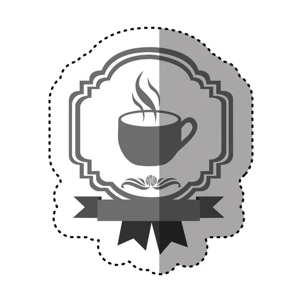 Etiqueta cinza escala borda heráldica fita decorativa com xícara e fumaça de café —  Vetores de Stock