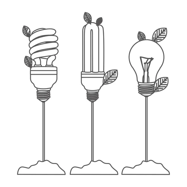 Grayscale contour with Incandescent and fluorescent bulbs with stem and leaves — Stock Vector