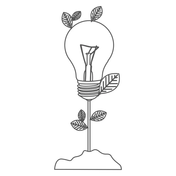 Grayscale contour with plant stem with leaves and Incandescent bulb — Stock Vector