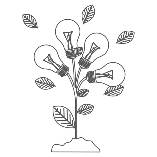 회색조 식물 줄기 잎 및 백열 전구를 가진 윤곽 — 스톡 벡터