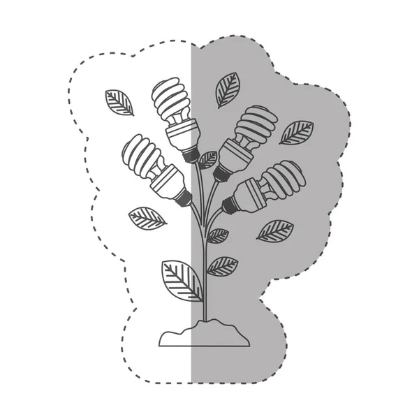 Aufkleber mit Graustufenkontur mit Pflanzenstiel mit Blättern und Leuchtstofflampen spiralförmig — Stockvektor