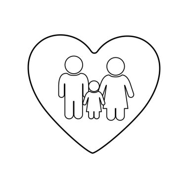 kalp ve piktogram çift ve kızının tek renkli siluet