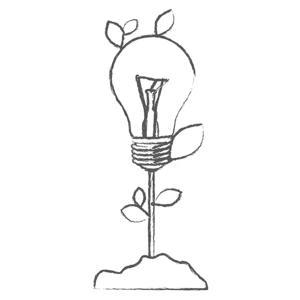 Monochrome sketch with plant stem with leaves and Incandescent bulb — Stock Vector