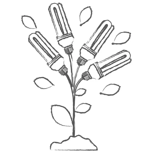 Croquis monochrome avec tige de plante avec feuilles et ampoules fluorescentes — Image vectorielle